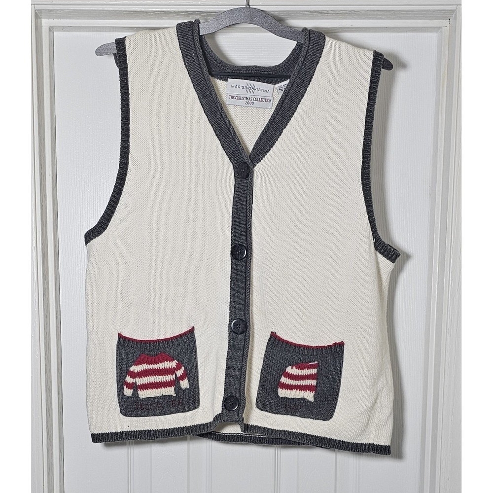 Vintage Marisa Christina Christmas 2000 Sweater Vest Sz L Embroidered Front/Back